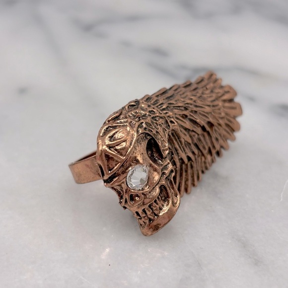 Skull Biker Ring in Rose Gold Copper Color Duo Finger Knuckle Ring with Crystal - Picture 2 of 4